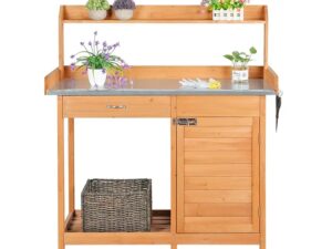 Easyfashion Outdoor Garden Potting Bench Metal Tabletop with Cabinet Drawer Open Shelf, Natural Wood
